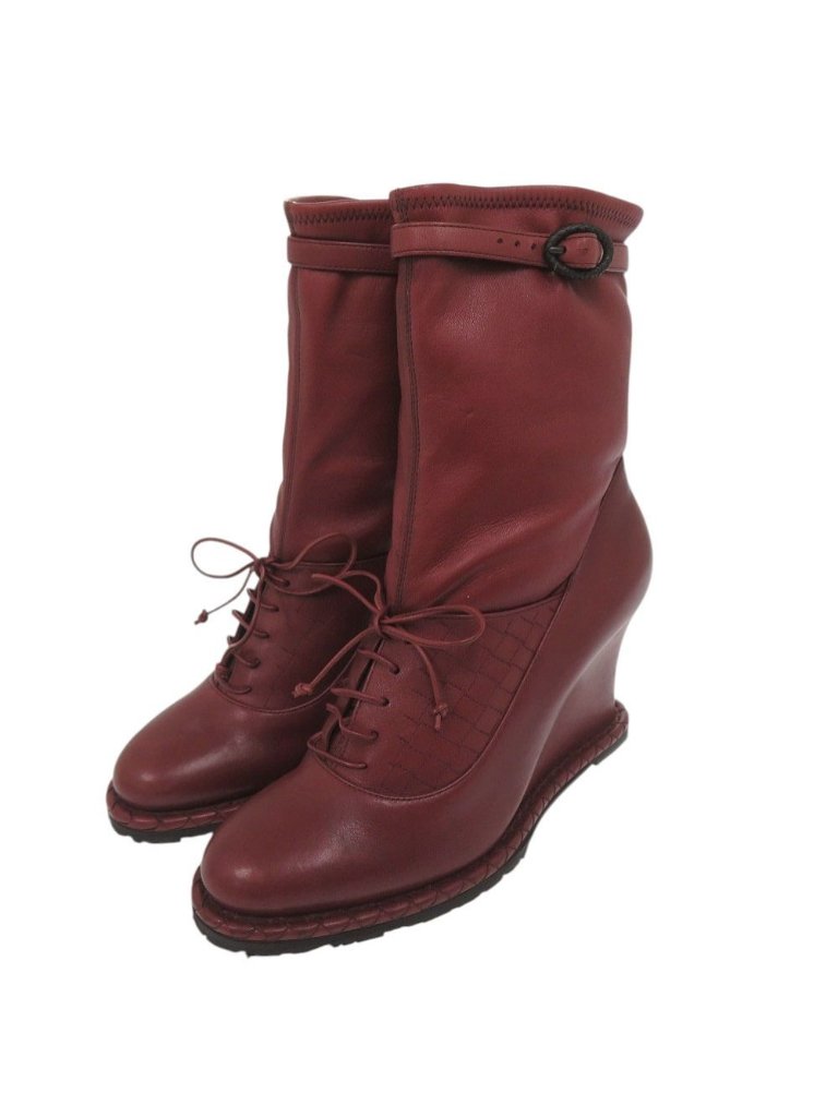 Bottega Veneta Intrecciato Stitch Wedge Ankle Boots 36) Leather Wine